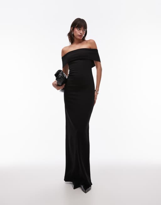 Vestido largo negro con escote palabra de honor de Mango