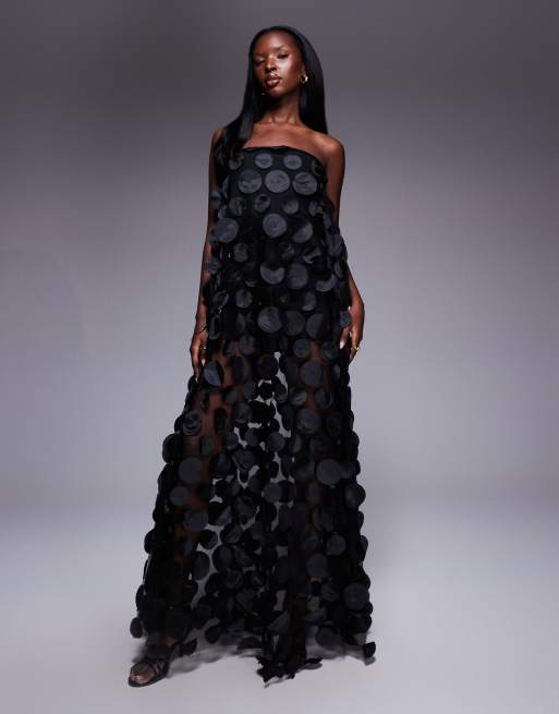 Vestido largo negro con escote palabra de honor y lunares tridimensionales de ASOS DESIGN