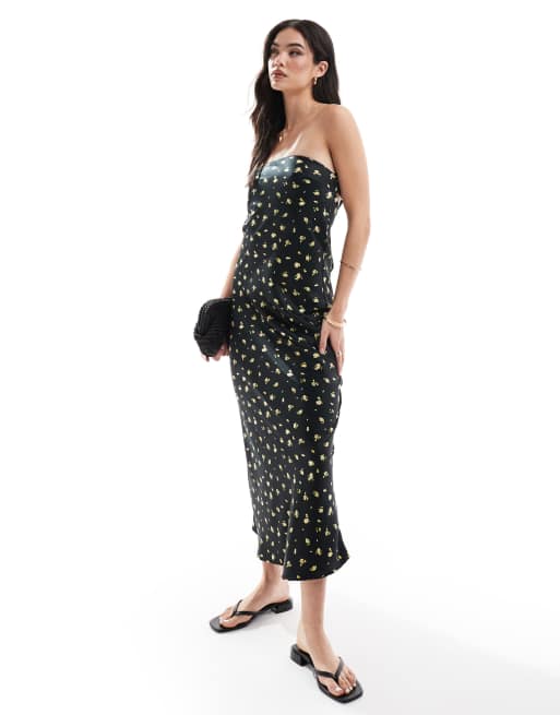 Vestido largo negro con espalda al aire y estampado floral amarillo de satén de ONLY , 2 de 4
