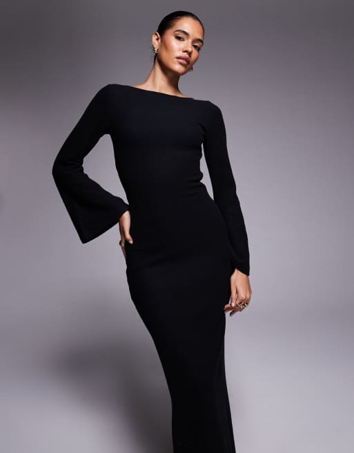 Vestido largo negro con espalda descubierta y detalle de lazada de ASOS DESIGN, 3 de 4
