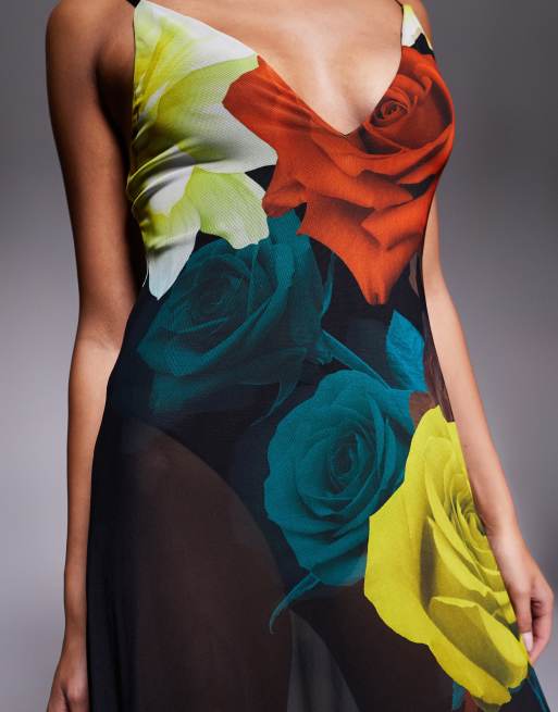 Vestido largo negro con estampado de flores extragrandes y cuello escotado de tejido transparente de AFRM, 3 de 4