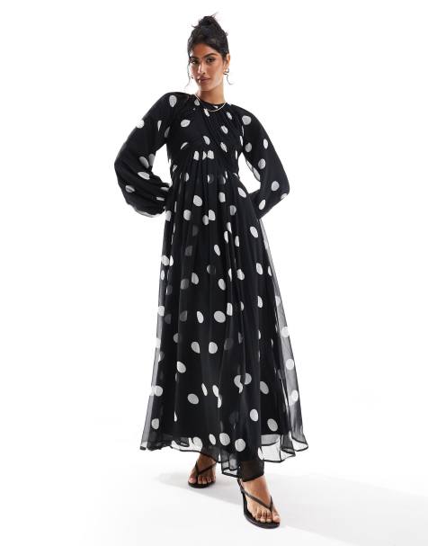 Vestido largo negro con estampado de lunares, mangas globo y cuerpo cruzado de ASOS DESIGN - view 1