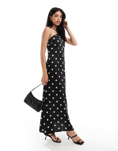 Vestido largo negro con estampado de lunares y cuello halter de Object - view 1