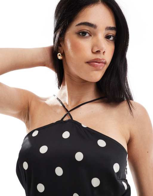 Vestido largo negro con estampado de lunares y cuello halter de Object, 2 de 4