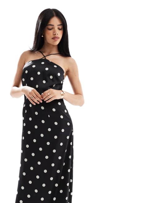 Vestido largo negro con estampado de lunares y cuello halter de Object, 3 de 4