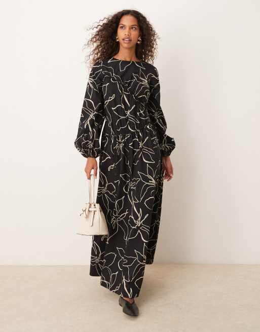 Vestido largo negro con estampado floral delineado y costuras asimétricas fruncidas de ASOS DESIGN 