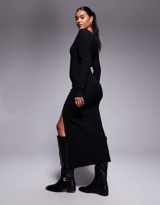 Vestido largo negro con hombro caído y abertura delantera de canalé de ASOS DESIGN, 4 de 4
