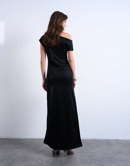 Vestido largo negro con hombro caído y acabado iridiscente de Topshop, 3 de 4