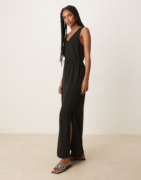 Vestido largo negro con lazada en la cintura de mezcla de lino de JDY - view 1