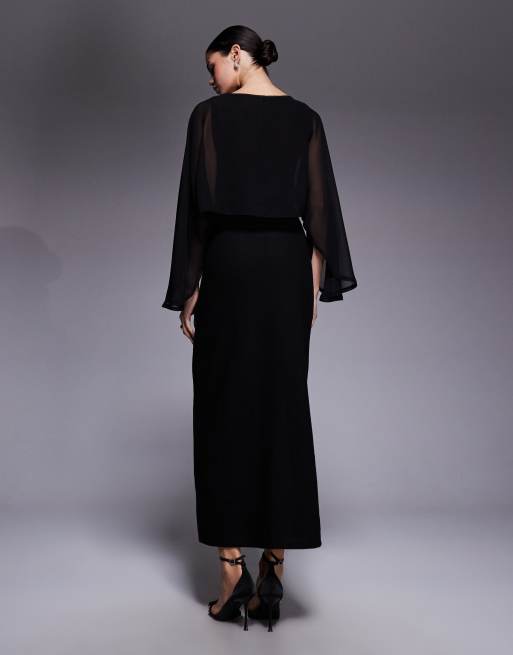 Vestido largo negro con mangas asimétricas y detalle de capa de chifón de ASOS DESIGN, 3 de 4