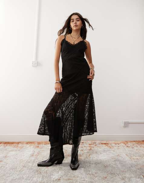 Vestido largo negro con paneles divididos de encaje de Reclaimed Vintage - view 1