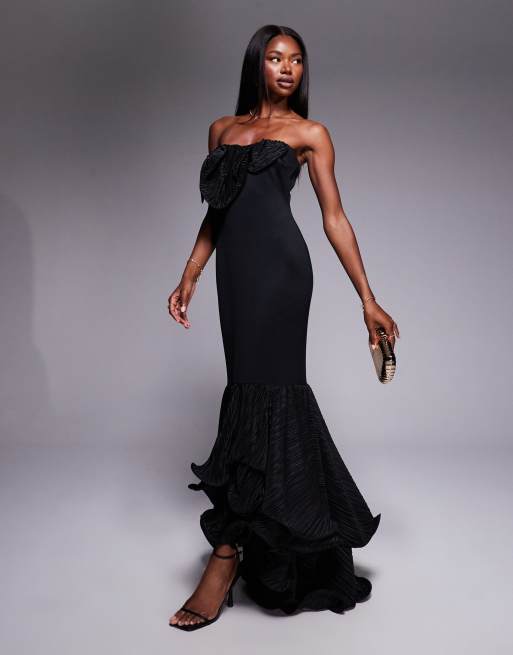 Vestido largo negro con volantes plisados de tejido efecto neopreno de ASOS DESIGN