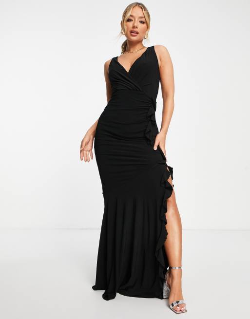 Vestido largo negro con volantes y abertura lateral de Trendyol