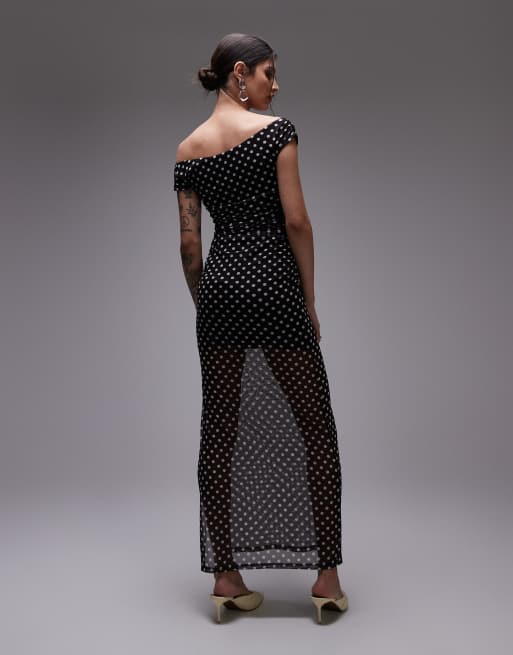 Vestido largo negro cruzado con estampado de lunares de malla de ASOS DESIGN, 4 de 4
