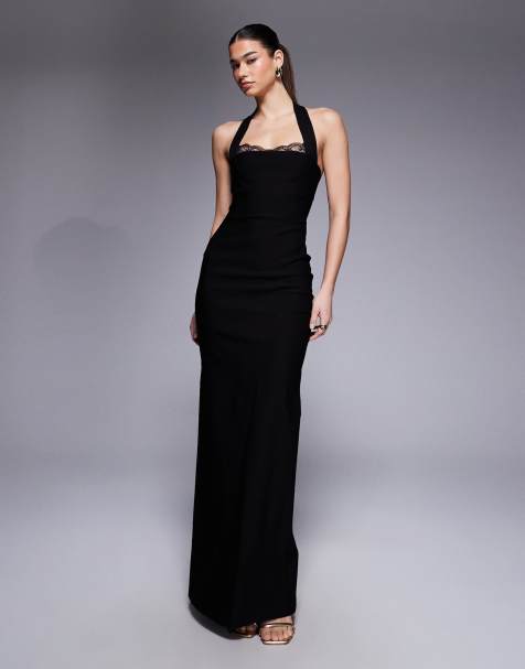 Vestido largo negro de bengalina con cuello halter ancho y ribete de encaje de Vesper - view 1