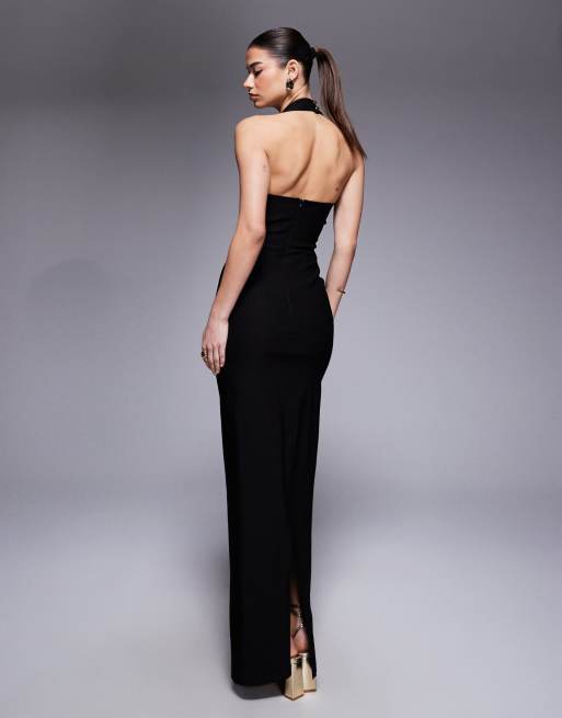 Vestido largo negro de bengalina con cuello halter ancho y ribete de encaje de Vesper, 4 de 4