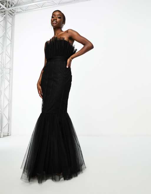 Vestido largo negro de corte sirena sin tirantes de tul de Lace & Beads, 4 de 4