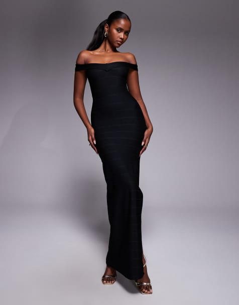 Vestido largo negro de estilo bandage con escote Bardot y abertura lateral exclusivo de Kaiia - view 1