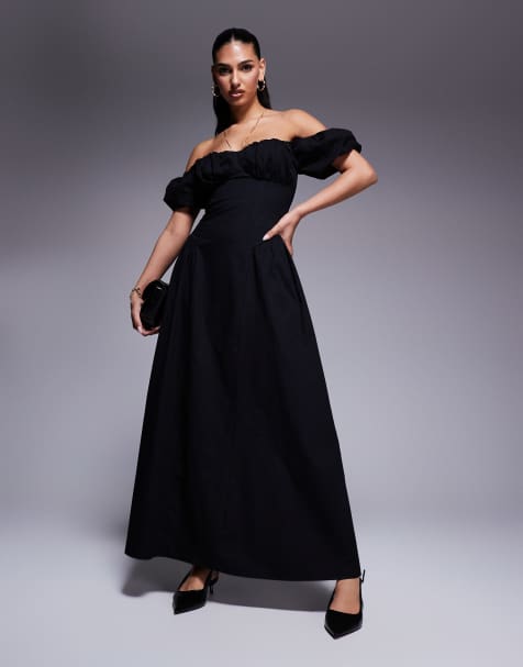 Vestido largo negro de estilo mesonera con mangas abullonadas y detalle de pliegues en la cintura de algodón exclusivo de Kaiia - view 1