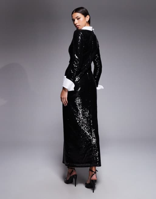 Vestido largo negro de lentejuelas con detalle de solapas de Daska, 2 de 4