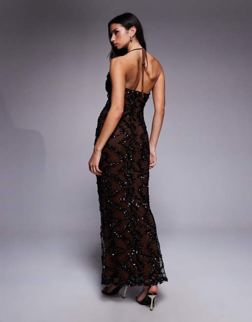 Vestido largo negro de malla con cuello ancho y abalorios de ASOS DESIGN, 3 de 4