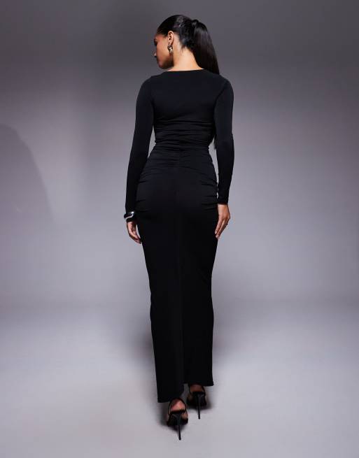Vestido largo negro de manga larga con abertura fruncida de TFNC, 2 de 4