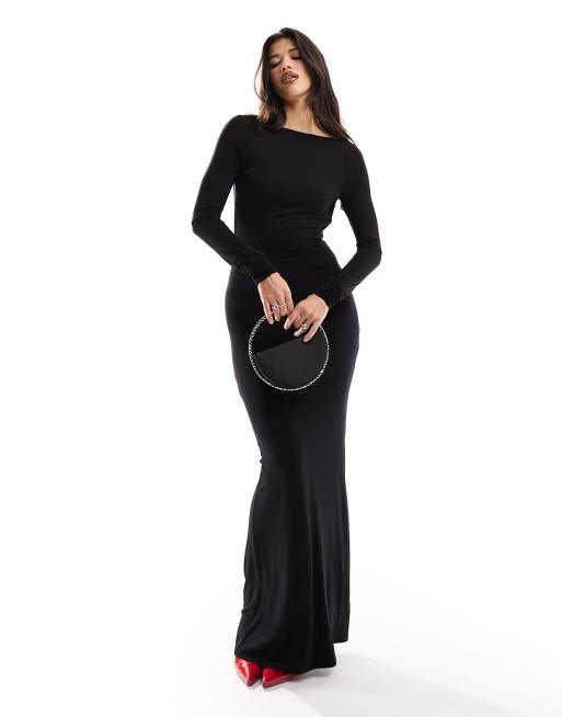 Vestido largo negro de manga larga con cuello barco y espalda abierta de ASOS DESIGN, 2 de 4