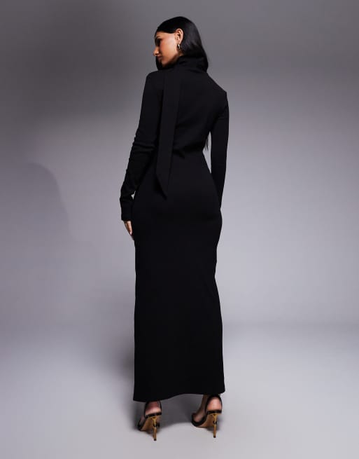 Vestido largo negro de manga larga con detalle de fular de canalé de ASOS DESIGN, 3 de 4