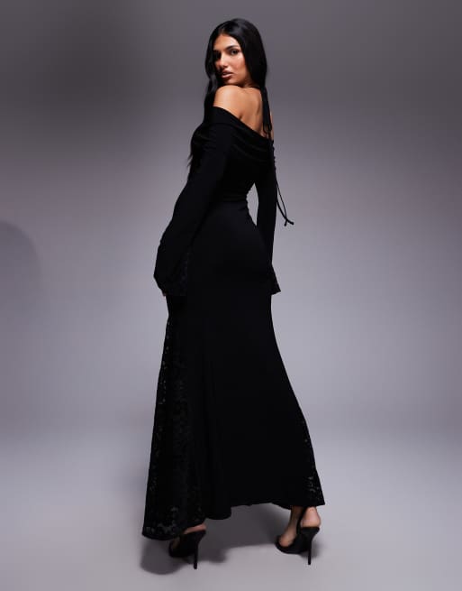 Vestido largo negro de manga larga con detalle de sujetador e insertos de encaje de ASOS DESIGN, 3 de 4