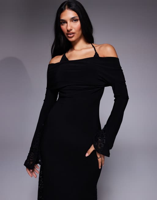 Vestido largo negro de manga larga con detalle de sujetador e insertos de encaje de ASOS DESIGN, 4 de 4