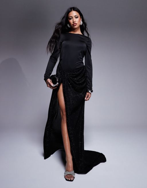 Vestido largo negro de manga larga con detalle en contraste de tejido texturizado premium de ASOS DESIGN