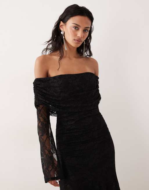 Vestido largo negro de manga larga con escote Bardot de ASOS DESIGN, 3 de 4
