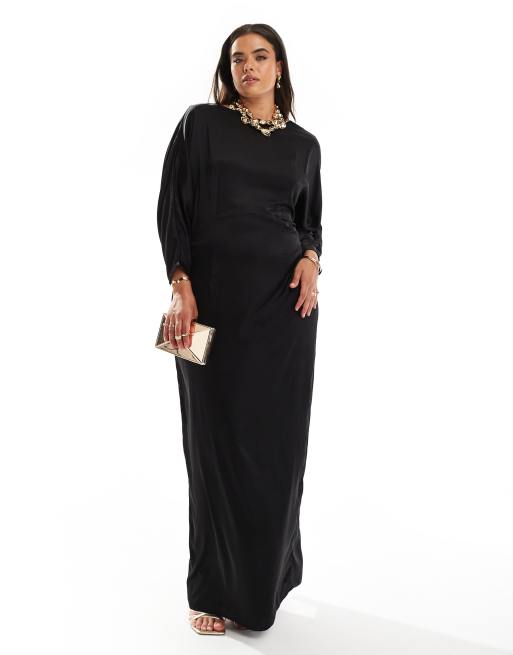 Vestido largo negro de manga larga con espalda desbocada de satén de TFNC Plus, 2 de 4