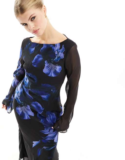 Vestido largo negro de manga larga con estampado de flores azules de ASOS DESIGN, 2 de 4