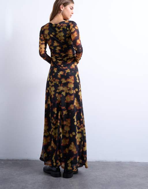 Vestido largo negro de manga larga con estampado floral difuminado de Topshop, 3 de 4
