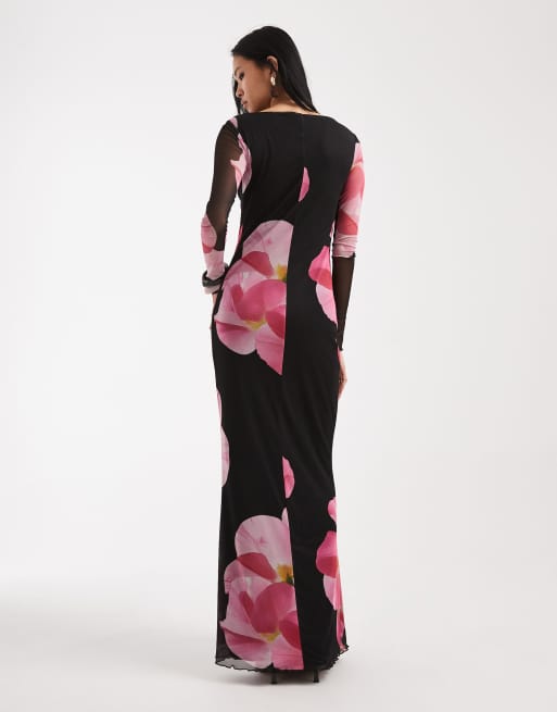 Vestido largo negro de manga larga con estampado floral exagerado de malla de Vero Moda Tall, 3 de 4