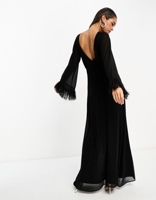 Vestido largo negro de manga larga con plumas sintéticas en los puños de TFNC, 4 de 4