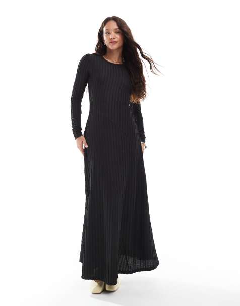 Vestido largo negro de manga larga de canalé texturizado de Threadbare - view 1