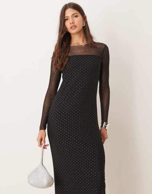 Vestido largo negro de manga larga de malla con tachuelas de JDY, 2 de 4