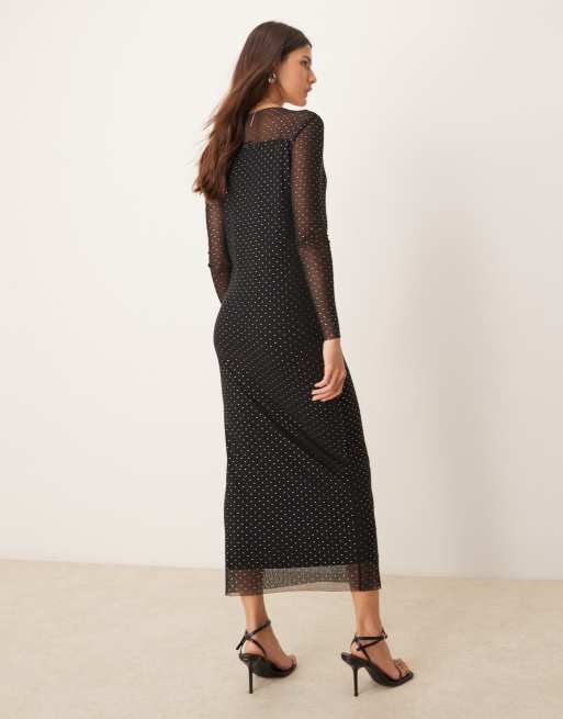 Vestido largo negro de manga larga de malla con tachuelas de JDY, 3 de 4