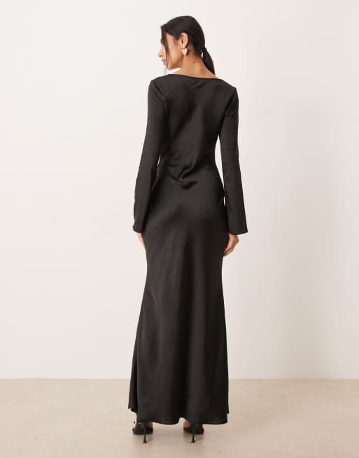 Vestido largo negro de manga larga de satén de ASOS DESIGN, 3 de 4