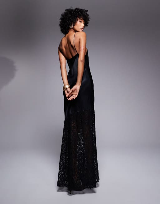 Vestido largo negro de mezcla de encaje y satén de ASOS DESIGN, 2 de 4