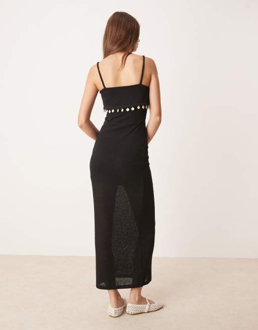 Vestido largo negro de punto con detalle de ribetes de conchas de ASOS DESIGN, 3 de 4