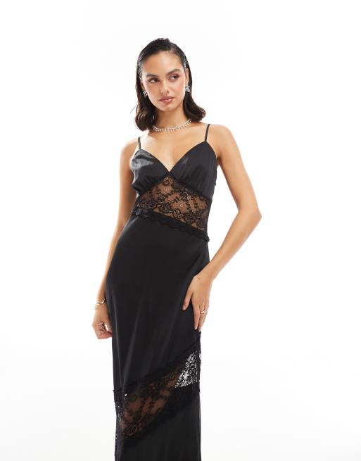 Vestido largo negro de satén con insertos de encaje de TFNC