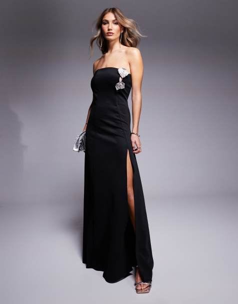 Vestido largo negro de tejido efecto neopreno con escote palabra de honor, abertura hasta el muslo y detalle de flor de strass de ASOS DESIGN - view 1