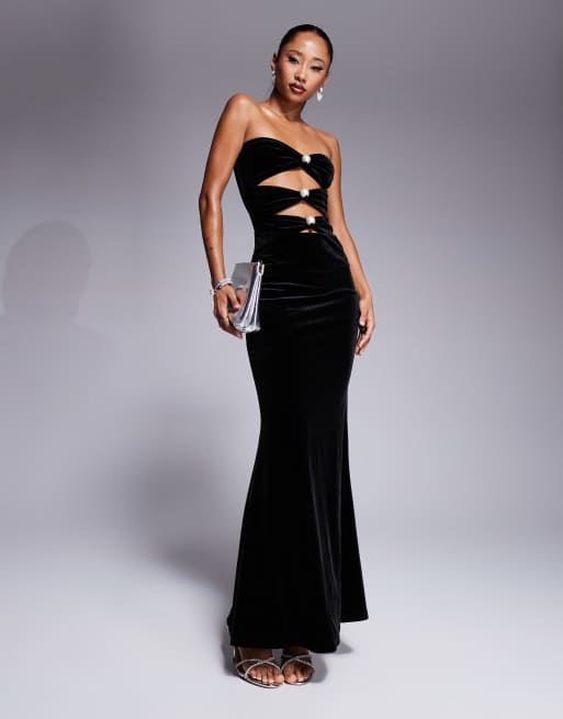 Vestido largo negro de terciopelo con escote palabra de honor, abertura y detalle de perlas exclusivo de Murci