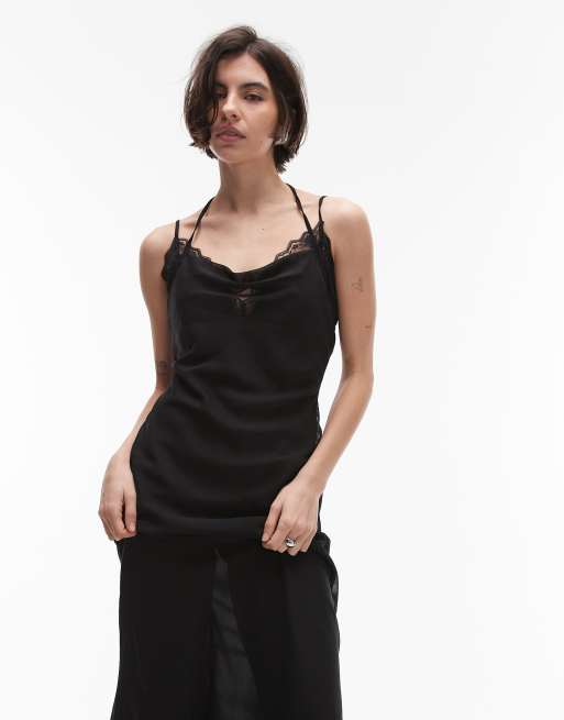 Vestido largo negro de tirantes con cuello desbocado y ribete de encaje de SNDYS, 3 de 4