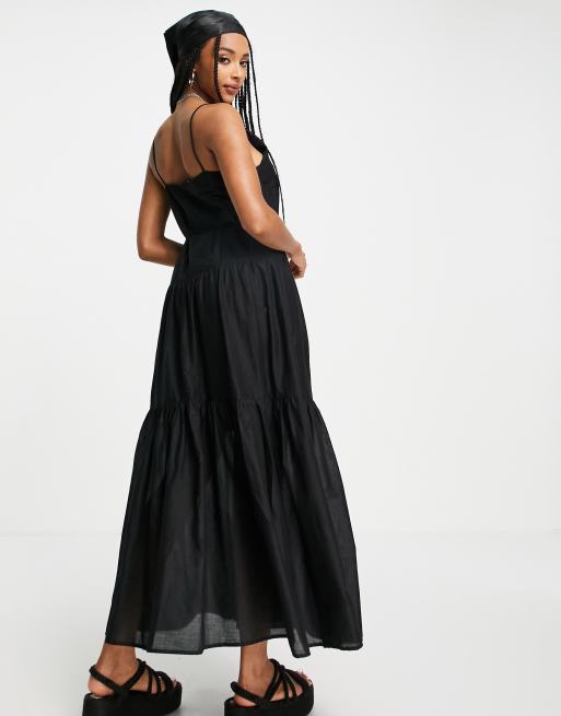 Vestido largo negro de tirantes escalonado lazada en la cintura de | ASOS