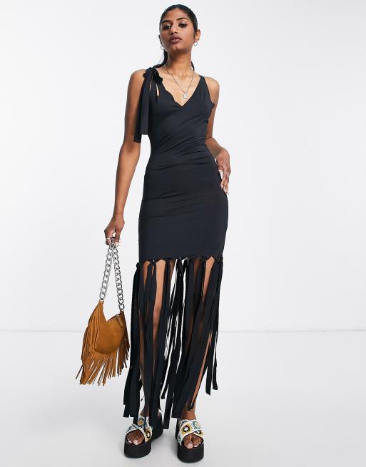 Vestido largo negro de tirantes con flecos de ASOS DESIGN , 3 de 4