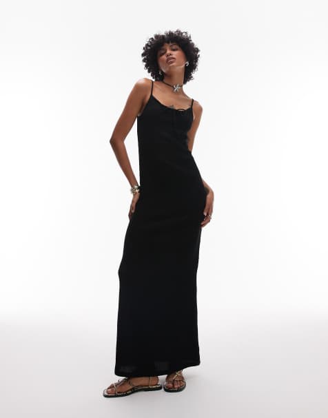 Vestido largo negro de tirantes con lazada delantera de tejido efecto rugoso de Topshop - view 1